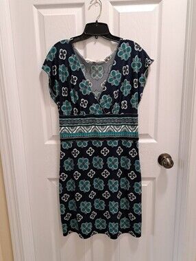 Max Studio Navy Floral V-Neck Dress with Teal Accents Women's Size Medium Summer